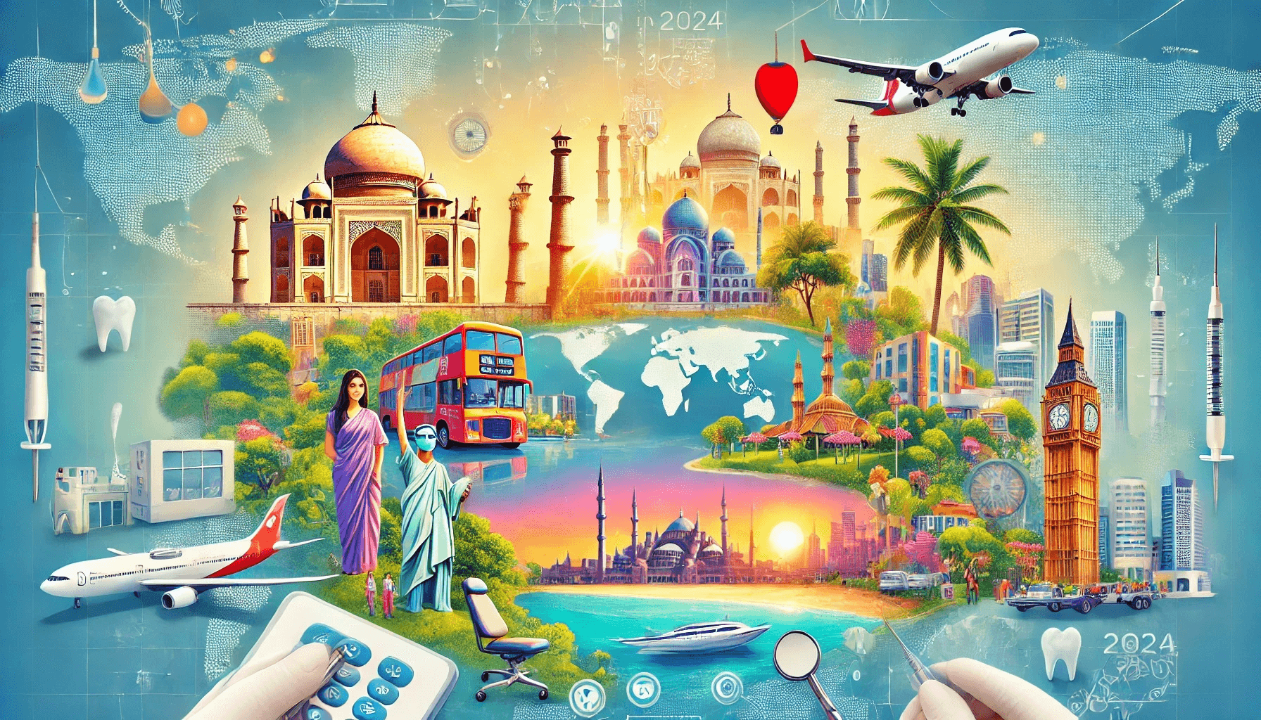 A vibrant collage showcasing iconic landmarks such as the Taj Mahal, tropical beaches, Istanbul skyline, and modern healthcare elements like hospitals, stethoscopes, and syringes, representing medical tourism destinations in 2024.