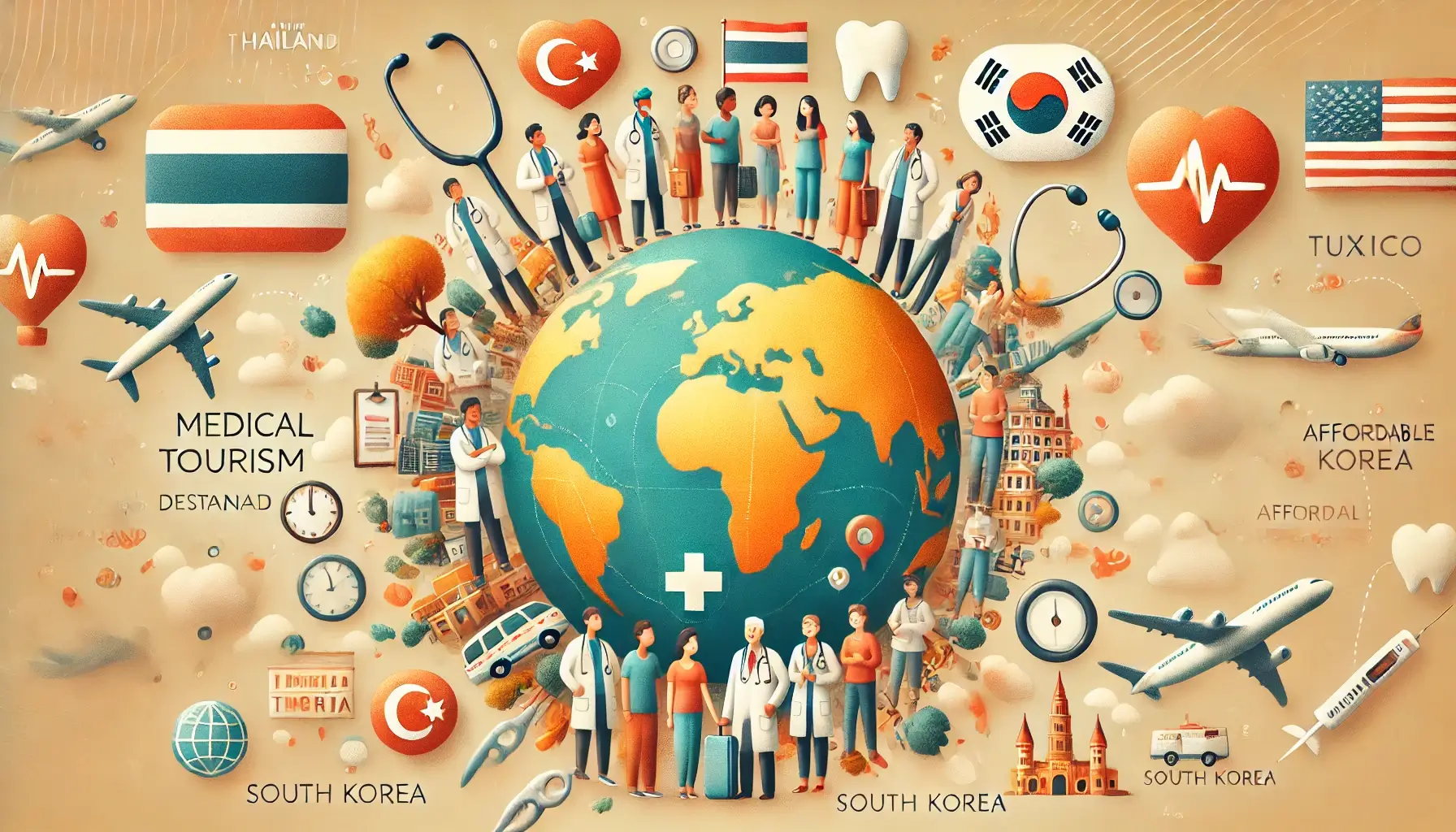 Illustration of top medical tourism destinations on CareAbroads.com, featuring affordable healthcare options in Thailand, Mexico, Turkey, India, and South Korea.