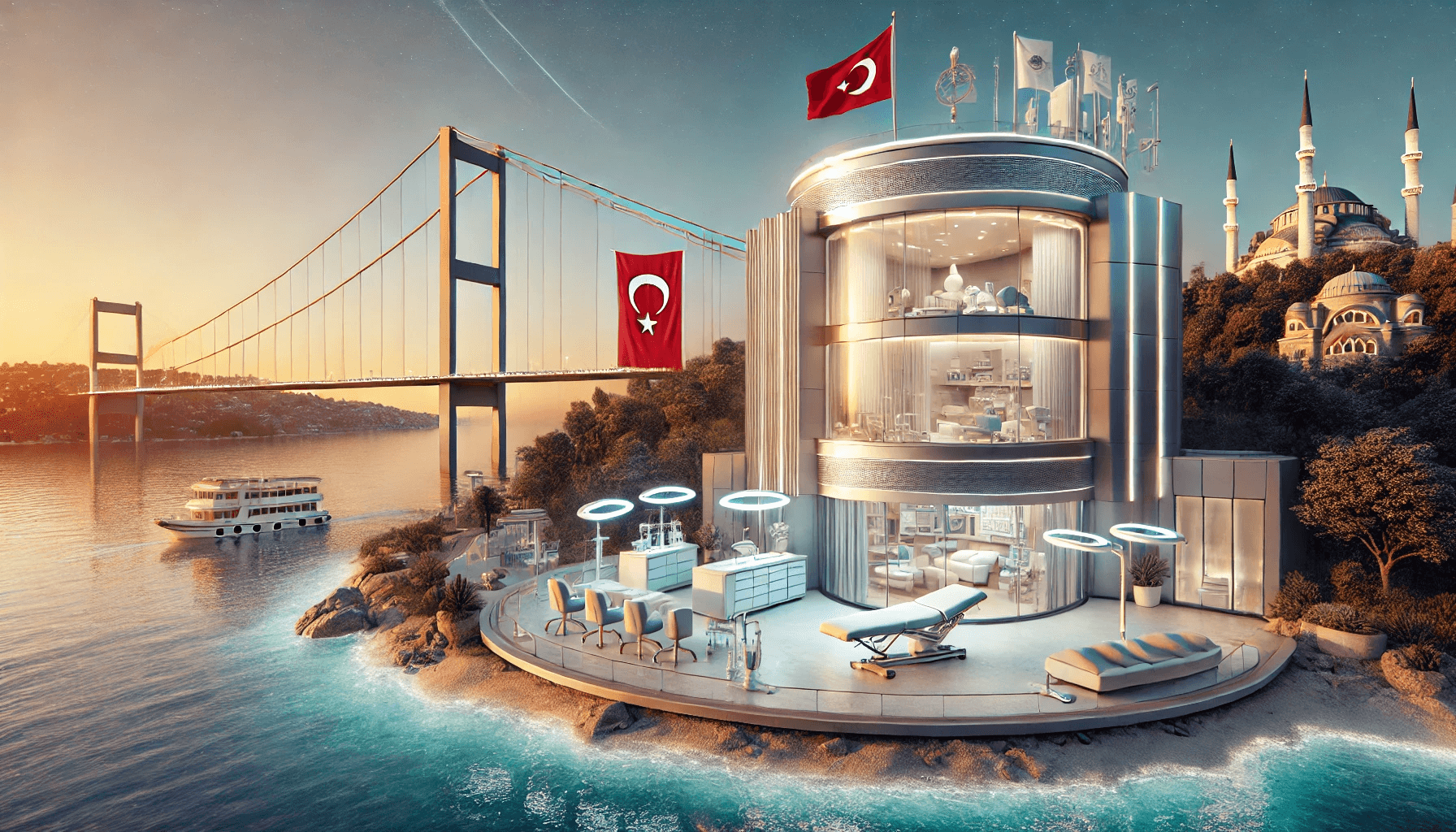 A modern, state-of-the-art clinic in Istanbul, Turkey, with sleek architecture and the iconic Bosphorus Bridge in the background, representing Turkey as a leading destination for affordable cosmetic surgery.