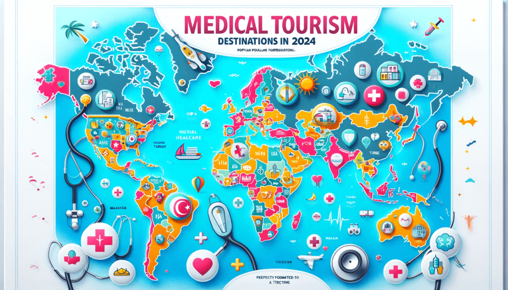 A vibrant cover-sized world map highlighting popular medical tourism destinations in 2024, featuring key countries like India, Thailand, Turkey, Mexico, and Malaysia. The map includes healthcare-themed icons such as hospitals, palm trees, and stethoscopes, set against a clean, modern design with bright and engaging colors.